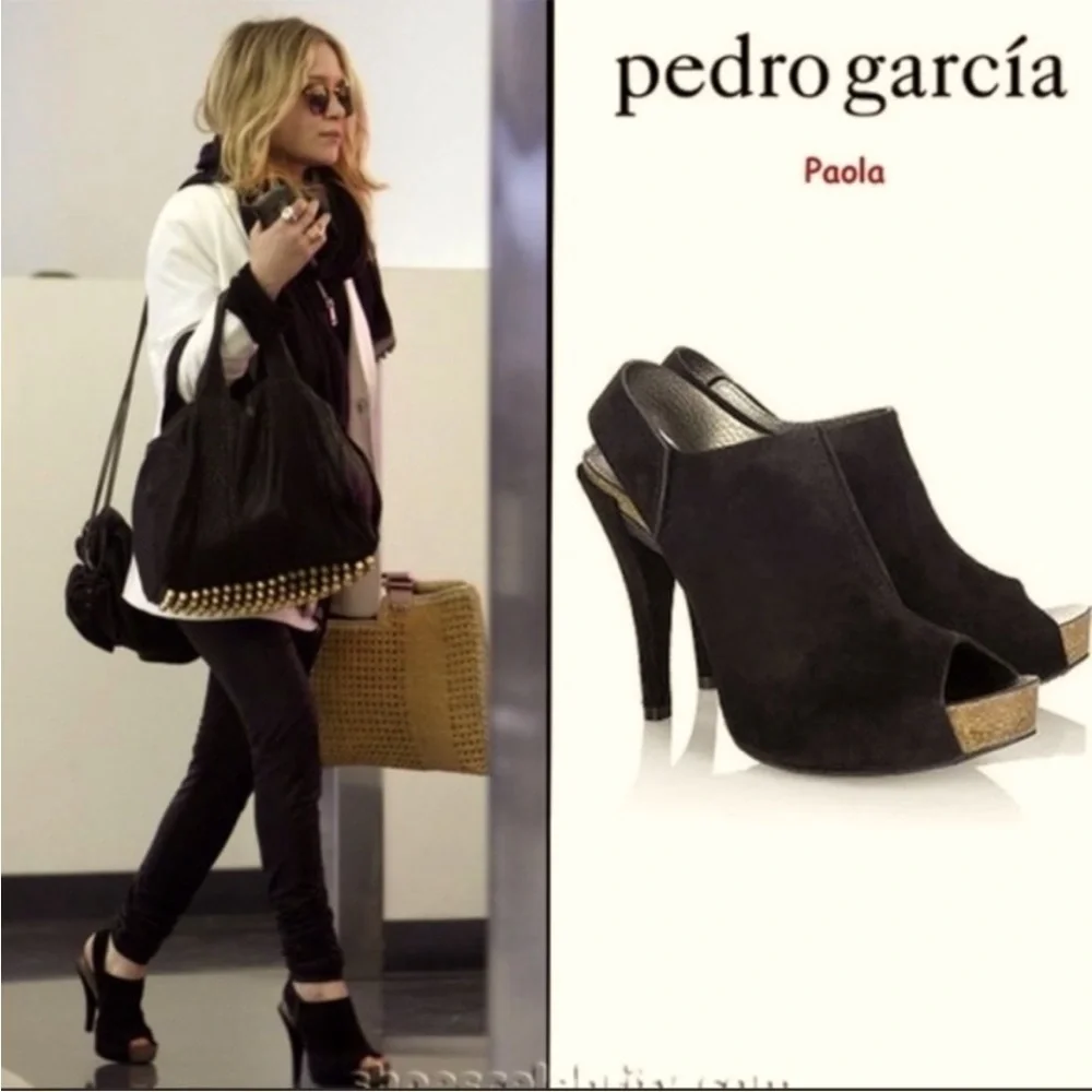 Pedro Garcia Paola Suede Peeptoe Slingback Platform Heels Black Sz 40